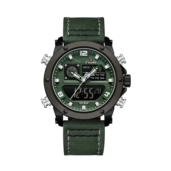 Naviforce NF9236 Military Style Comfortable Leather Strap Dual Movement Sports Men’s Watch – Dial Color: Green, Strap Color: Black – View 1