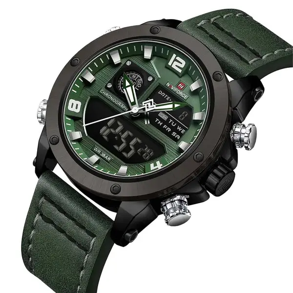 Naviforce NF9236 Military Style Comfortable Leather Strap Dual Movement Sports Men’s Watch – Dial Color: Green, Strap Color: Black – View 3