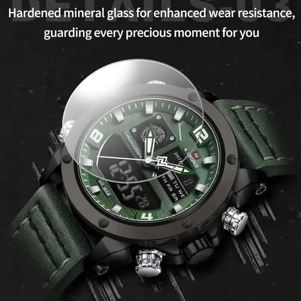 Naviforce NF9236 Military Style Comfortable Leather Strap Dual Movement Sports Men’s Watch – Dial Color: Green, Strap Color: Black – View 5