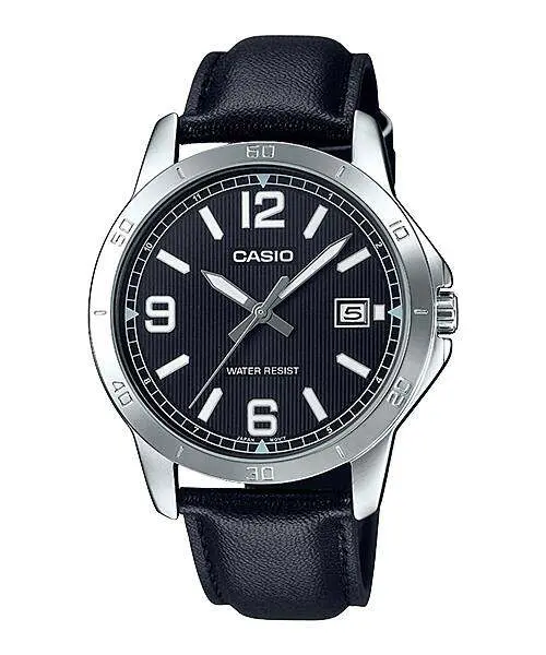 CASIO MTP-V004L-1BUDF Classic Leather Strap Stainless Steel Men's Analog Quartz Watch – Dial Color: Black, Strap Color: Black – View 1