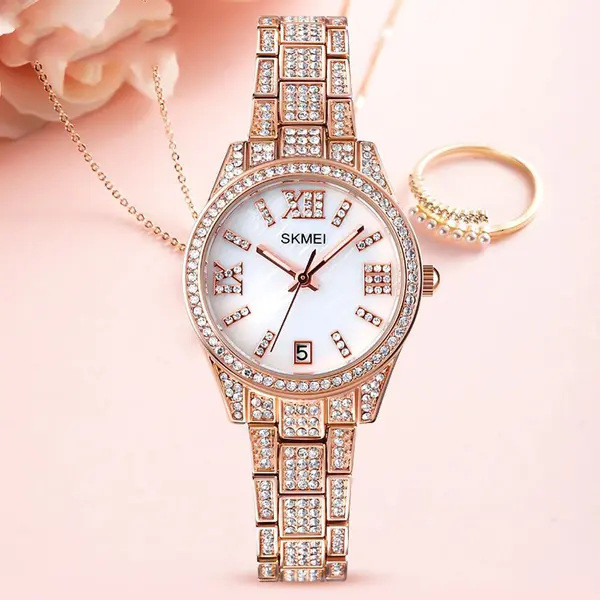 Skmei 1741 Luxury Quartz Stainless Steel Diamond Women Watches – Dial Color: White, Strap Color:  Brown  – View 3