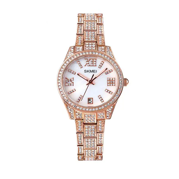 Skmei 1741 Luxury Quartz Stainless Steel Diamond Women Watches – Dial Color: White, Strap Color:  Brown  – View 1