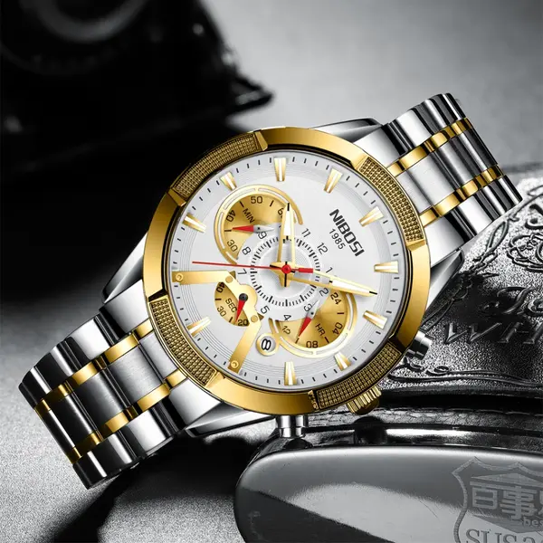 Nibosi 2379 Luxury Stainless Steel Chronograph Men's watch – Dial Color: Brown, Strap Color: Silver – View 2