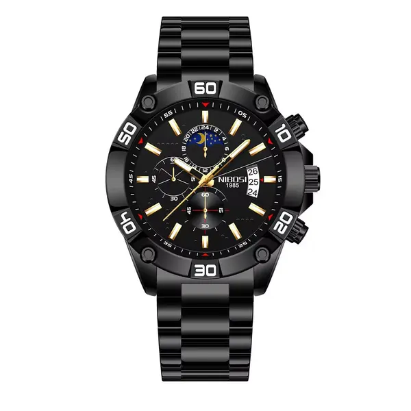 Nibosi 2502 Luxury Stainless Steel Strap With Luminous Men's Watch – Dial Color: Black, Strap Color: Black – View 1