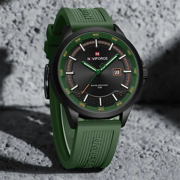 Naviforce NF9248T Waterproof Comfortable Silicone Strap Quartz Sports Men's Watch – Dial Color: Black, Strap Color: Green  – View 2