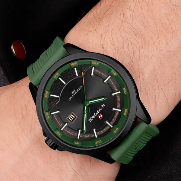 Naviforce NF9248T Waterproof Comfortable Silicone Strap Quartz Sports Men's Watch – Dial Color: Black, Strap Color: Green  – View 3