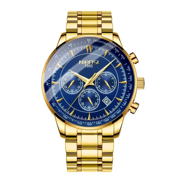 Nibosi 2351 Classic Stainless Steel Multifunctional Chronograph Analog Fashion Men's Watch – Dial Color: Blue, Strap Color: Gold – View 1
