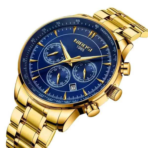 Nibosi 2351 Classic Stainless Steel Multifunctional Chronograph Analog Fashion Men's Watch – Dial Color: Blue, Strap Color: Gold – View 2