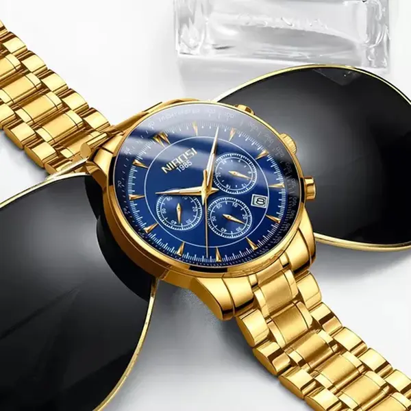 Nibosi 2351 Classic Stainless Steel Multifunctional Chronograph Analog Fashion Men's Watch – Dial Color: Blue, Strap Color: Gold – View 3