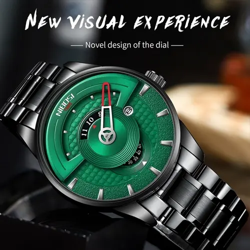 Nibosi 2509 High Quality Stainless Steel Fashion Men's Watch – Dial Color: Green, Strap Color: Black – View 3