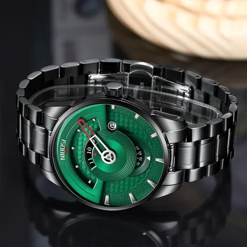 Nibosi 2509 High Quality Stainless Steel Fashion Men's Watch – Dial Color: Green, Strap Color: Black – View 2