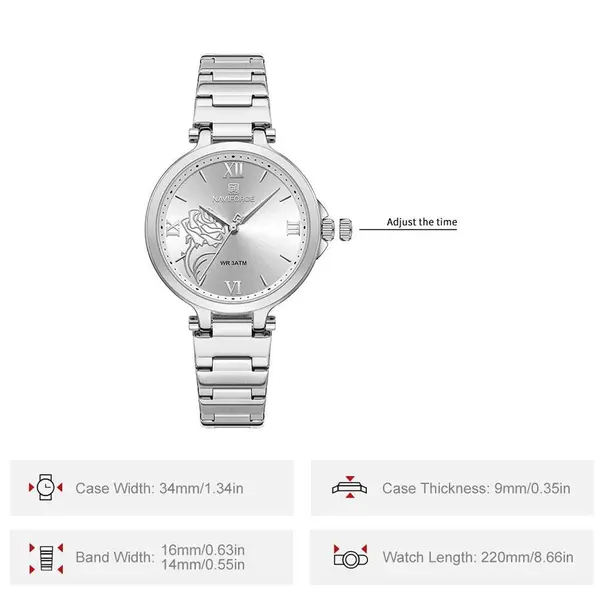 Naviforce NF5060 Luxury Stainless Steel Strap Elegant Fashion Women's Watch – Dial Color: Silver, Strap Color: Silver – View 5