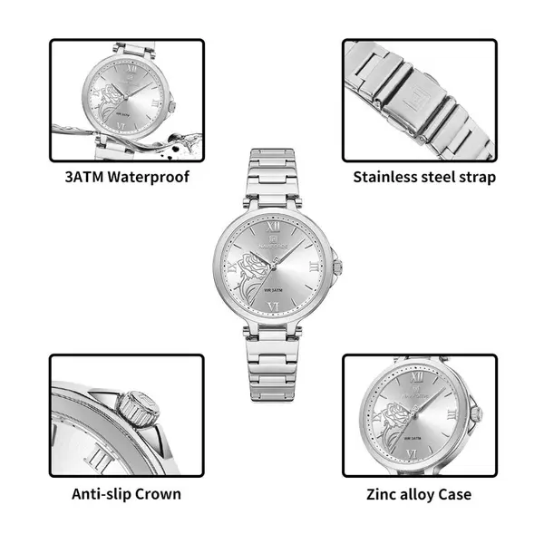 Naviforce NF5060 Luxury Stainless Steel Strap Elegant Fashion Women's Watch – Dial Color: Silver, Strap Color: Silver – View 6