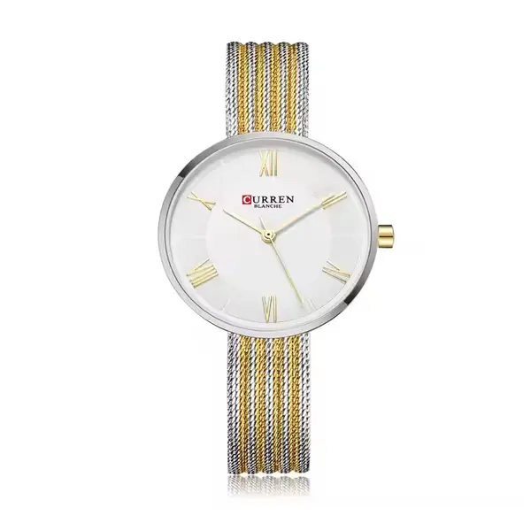 CURREN 9020 Mesh Stainless Steel Analog Watch For Women – Dial Color: White, Strap Color: Gold  – View 1
