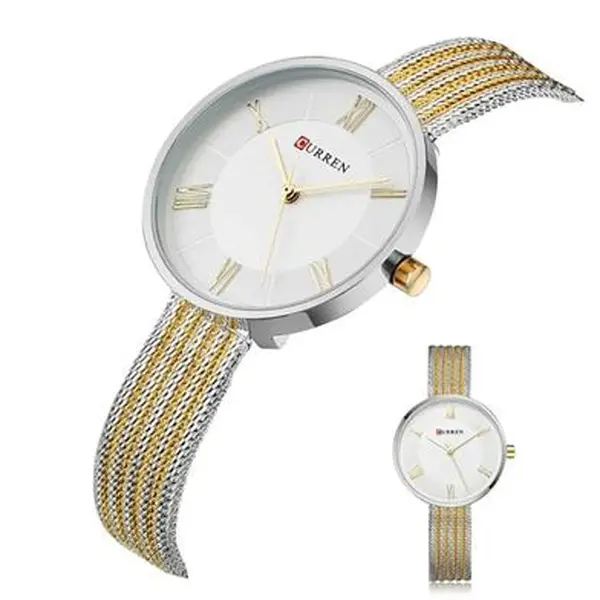 CURREN 9020 Mesh Stainless Steel Analog Watch For Women – Dial Color: White, Strap Color: Gold  – View 2