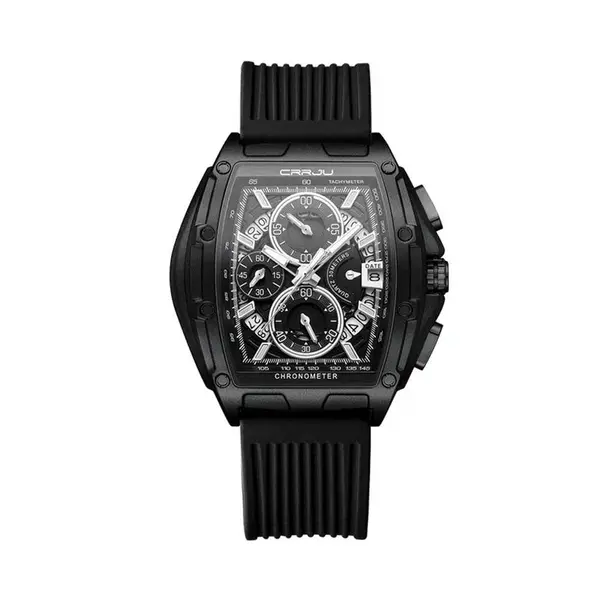 CRRJU 2317 Authentic Soft Silicone Strap Multifunctional Chronograph Sports Men's Watch – Dial Color: Black, Strap Color: Black – View 1