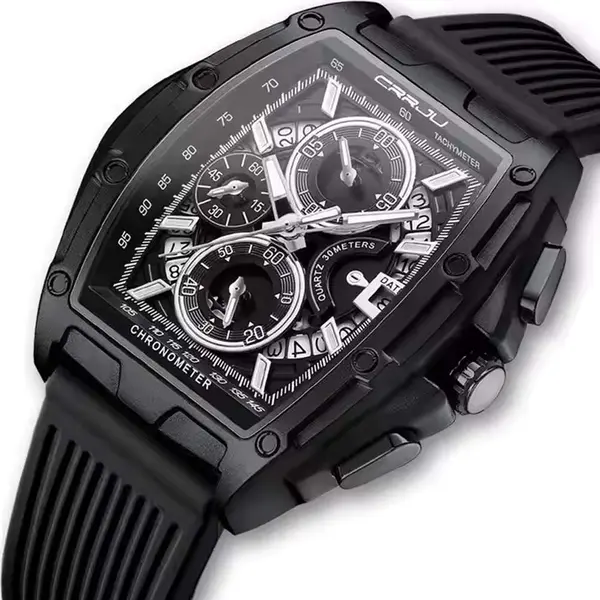 CRRJU 2317 Authentic Soft Silicone Strap Multifunctional Chronograph Sports Men's Watch – Dial Color: Black, Strap Color: Black – View 2