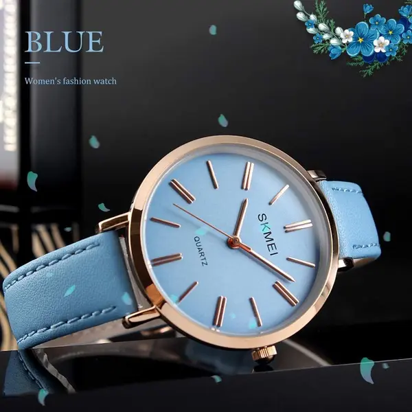 SKMEI 1397 Minimalist Minor Girl Collection Leather Strap Watch – Dial Color: Blue, Strap Color: Blue – View 3