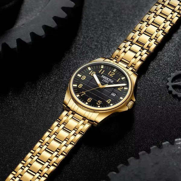 Nibosi 2572 Stainless Steel And Multifunction Waterproof Men's Watch – Dial Color: Black, Strap Color: Gold – View 4