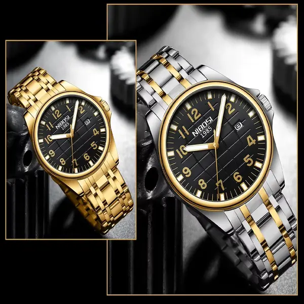 Nibosi 2572 Stainless Steel And Multifunction Waterproof Men's Watch – Dial Color: Black, Strap Color: Gold – View 5