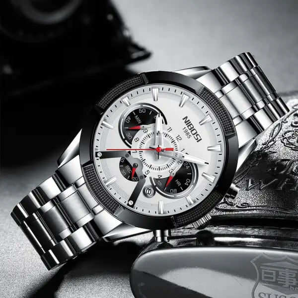 Nibosi 2379 Luxury Stainless Steel Chronograph Men's watch – Dial Color: White, Strap Color: White – View 3