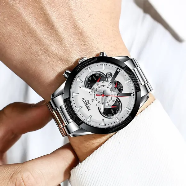 Nibosi 2379 Luxury Stainless Steel Chronograph Men's watch – Dial Color: White, Strap Color: White – View 4