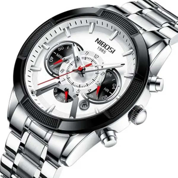 Nibosi 2379 Luxury Stainless Steel Chronograph Men's watch – Dial Color: White, Strap Color: White – View 2