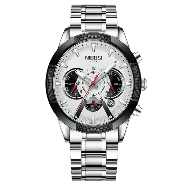 Nibosi 2379 Luxury Stainless Steel Chronograph Men's watch – Dial Color: White, Strap Color: White – View 1