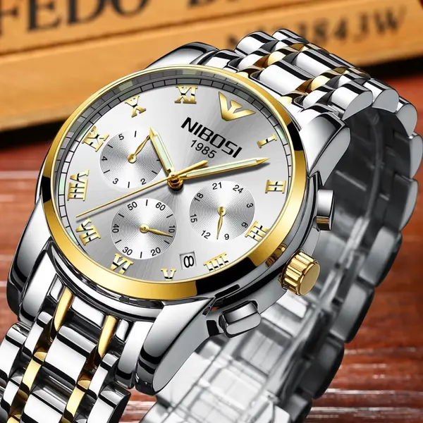 Nibosi 2301 High Quality Stainless Steel Chronograph Men's Watch – Dial Color: White Gold, Strap Color: White – View 3