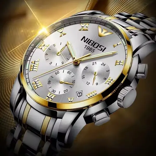 Nibosi 2301 High Quality Stainless Steel Chronograph Men's Watch – Dial Color: White Gold, Strap Color: White – View 2