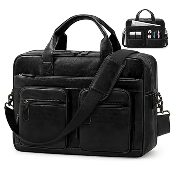 RAINSMORE 15.6 Inch Men PU Vegan Leather Waterproof Office Work Bag – Color: Black – View 1