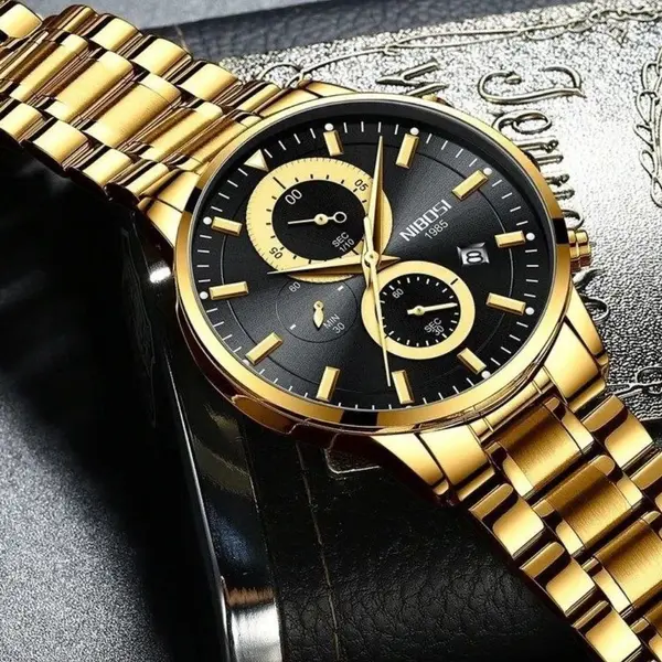 Nibosi 2390 Stainless Steel Chronograph Analog Men's Watch – Dial Color: Black Gold, Strap Color: Gold – View 2