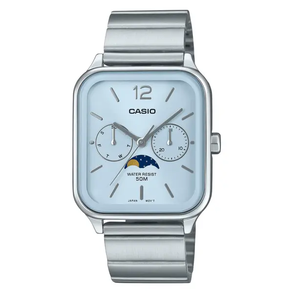 CASIO MTP-M305D-1AVDF Moon Chaser Silver Stainless Steel Chain Unisex Analog Watch – Dial Color: Sky Blue, Strap Color: Silver – View 1