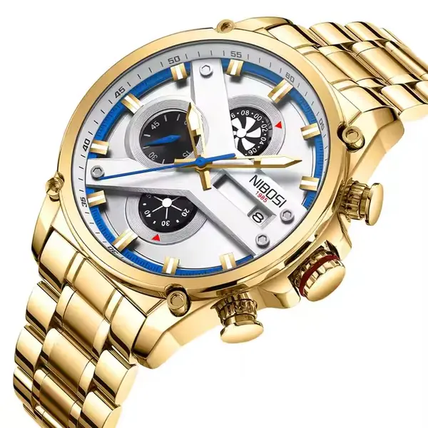 Nibosi 2513 High-Quality Stainless Steel Chronograph Men's Watch – Dial Color: White, Strap Color: Gold – View 2