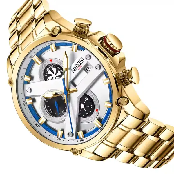 Nibosi 2513 High-Quality Stainless Steel Chronograph Men's Watch – Dial Color: White, Strap Color: Gold – View 3