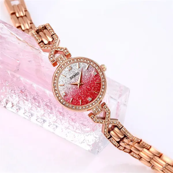 SKMEI 1738 Iced Elegant Round Dial Diamond Rhinestone Bracelet Design Women Watch – Dial Color: Red, Strap Color:  Brown  – View 2