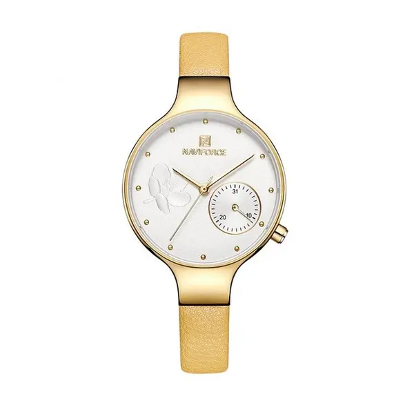 NAVIFORCE NF5001 PU Leather Sub-Dial Chronograph Watch For Women – Dial Color: White, Strap Color: Yellow – View 1