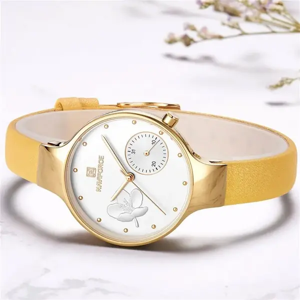 NAVIFORCE NF5001 PU Leather Sub-Dial Chronograph Watch For Women – Dial Color: White, Strap Color: Yellow – View 3