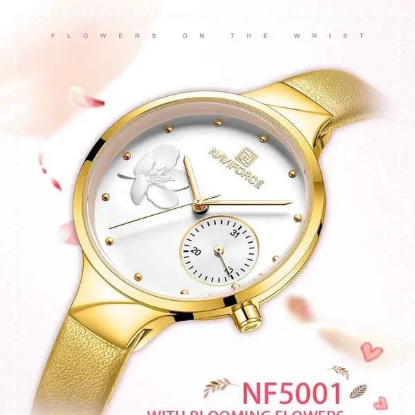 NAVIFORCE NF5001 PU Leather Sub-Dial Chronograph Watch For Women – Dial Color: White, Strap Color: Yellow – View 2