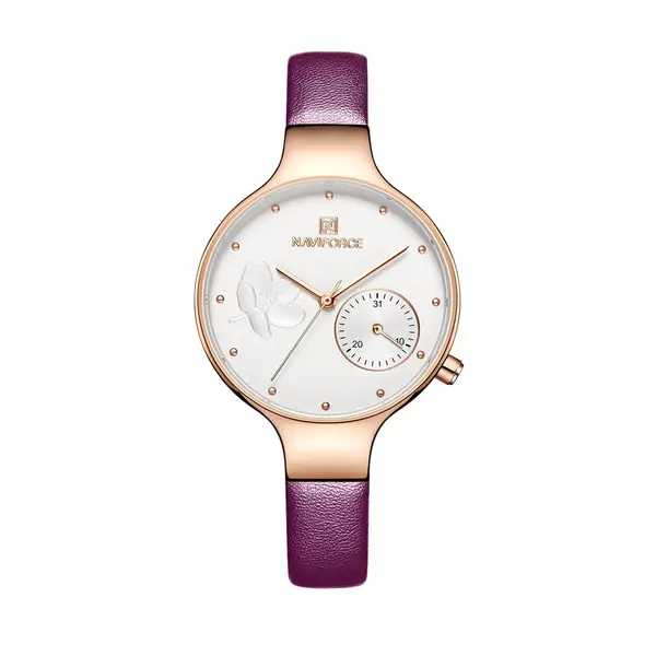 NAVIFORCE NF5001 PU Leather Sub-Dial Chronograph Watch For Women – Dial Color: White, Strap Color: Pink – View 1
