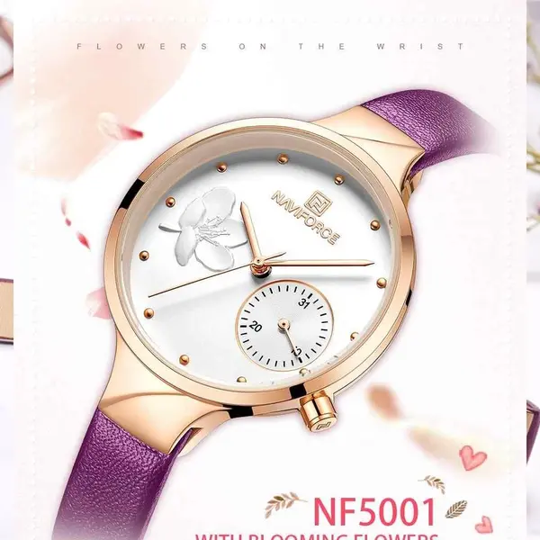 NAVIFORCE NF5001 PU Leather Sub-Dial Chronograph Watch For Women – Dial Color: White, Strap Color: Pink – View 2
