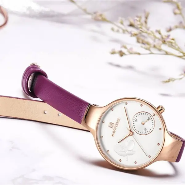 NAVIFORCE NF5001 PU Leather Sub-Dial Chronograph Watch For Women – Dial Color: White, Strap Color: Pink – View 3