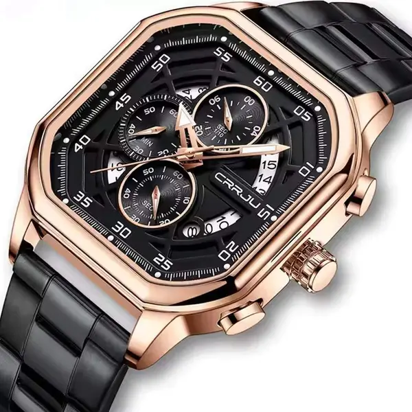 CRRJU 2314 Stainless Steel Square Dial Quartz Luxury Fashion Men's Watch – Dial Color: Rose Gold, Strap Color: Black – View 2