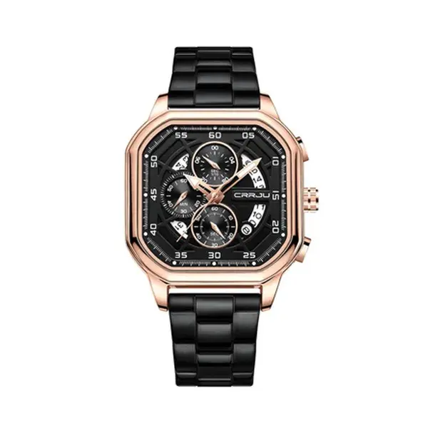 CRRJU 2314 Stainless Steel Square Dial Quartz Luxury Fashion Men's Watch – Dial Color: Rose Gold, Strap Color: Black – View 1
