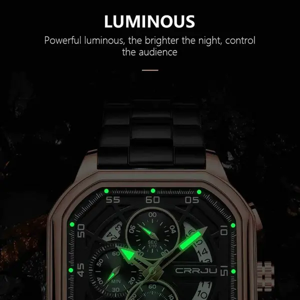 CRRJU 2314 Stainless Steel Square Dial Quartz Luxury Fashion Men's Watch – Dial Color: Rose Gold, Strap Color: Black – View 4