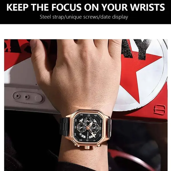 CRRJU 2314 Stainless Steel Square Dial Quartz Luxury Fashion Men's Watch – Dial Color: Rose Gold, Strap Color: Black – View 5