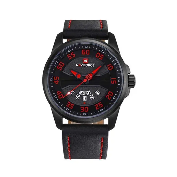 Naviforce NF9124 Luxury Leather Strap Quartz Analog Casual Style Fashion Men's Watch – Dial Color: Red, Strap Color: Black – View 1