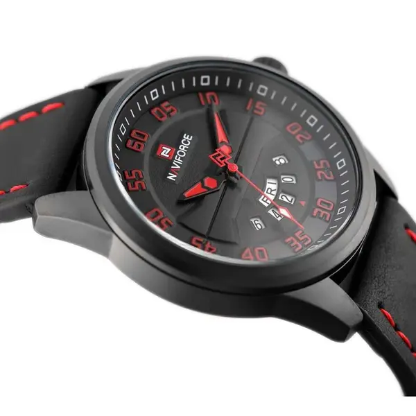 Naviforce NF9124 Luxury Leather Strap Quartz Analog Casual Style Fashion Men's Watch – Dial Color: Red, Strap Color: Black – View 2