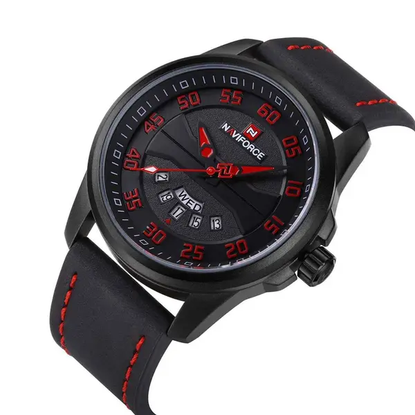 Naviforce NF9124 Luxury Leather Strap Quartz Analog Casual Style Fashion Men's Watch – Dial Color: Red, Strap Color: Black – View 3