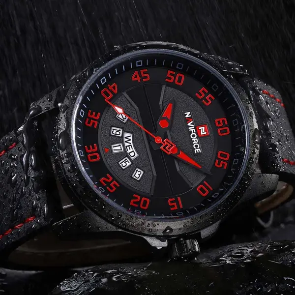 Naviforce NF9124 Luxury Leather Strap Quartz Analog Casual Style Fashion Men's Watch – Dial Color: Red, Strap Color: Black – View 5